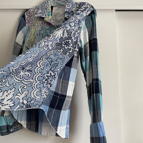 Cino SUNDANCE Floral Plaid Mixed Print Button Down Top Size S Blue Cotton - Picture 4 of 16